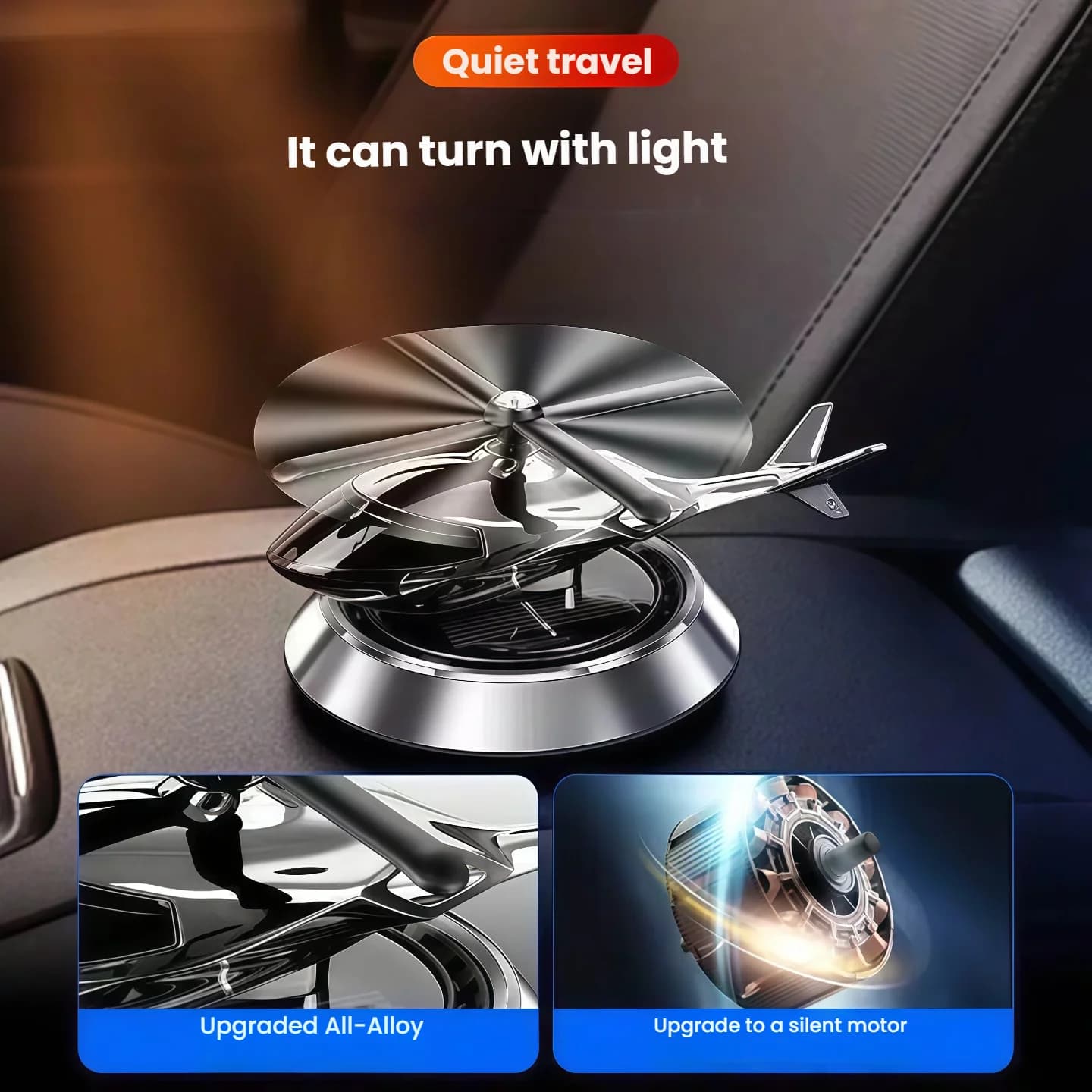 Solar energy rotating air diffuser in the form of a car helicopter, with aromatherapy for home and office