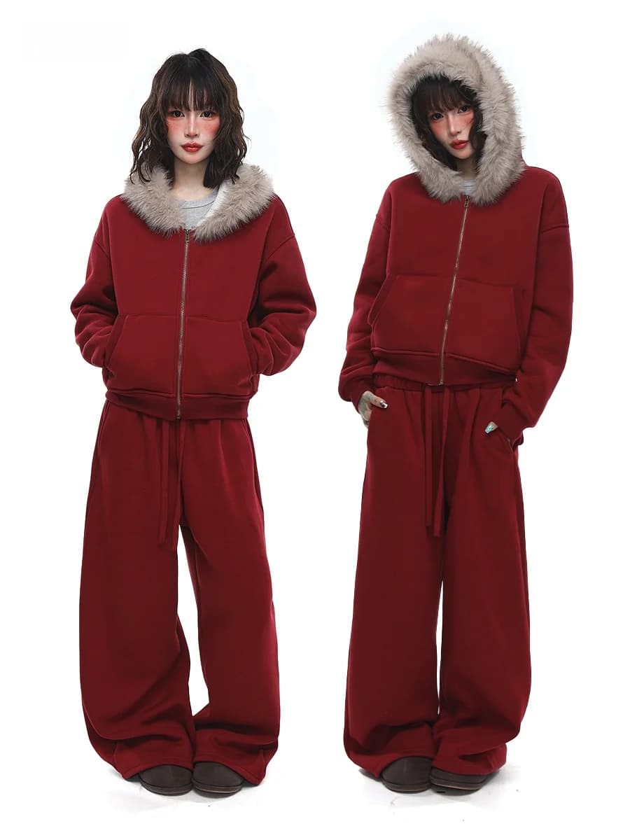 Sanowers Set Due Pezzi con Felpa con Cappuccio Rossa e Pantaloni a Gamba Larga in Pile per Donna, Atmosfera di Capodanno, Autunno Inverno
