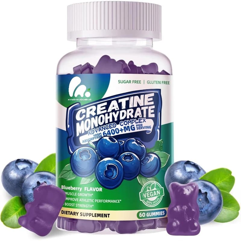 Male and female complex of water creatine gommose candies - taurina+vitamin B12, sugar-free chewing supplement, 60 blueberry gommose candies