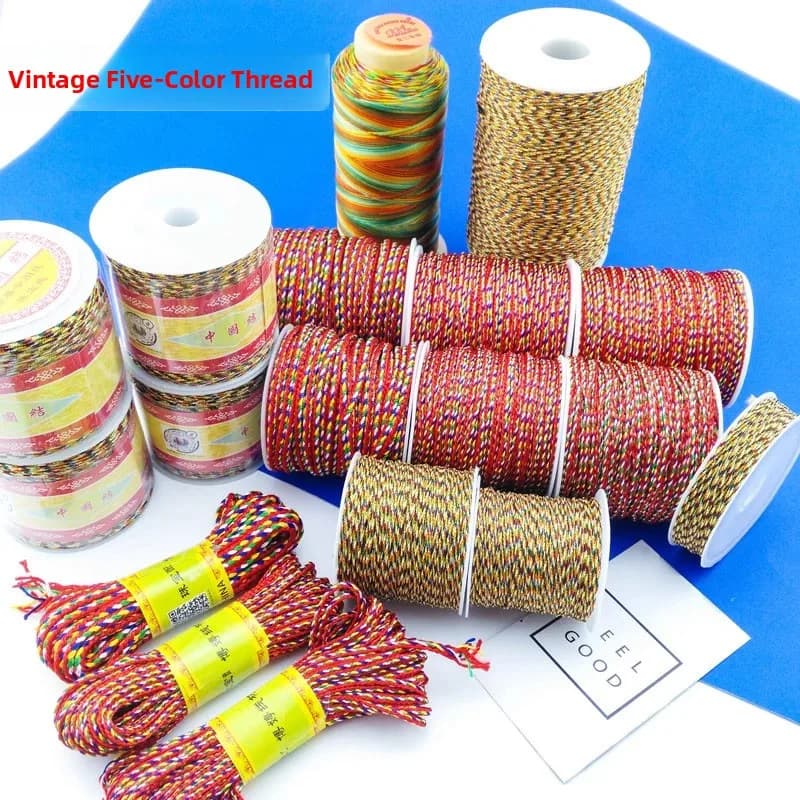 Autentico Filo di Cotone a Cinque Colori Fatto a Mano in Stile Antico per Matrimoni, Rosso Giallo Verde Bianco Nero, Corda per Artigianato
