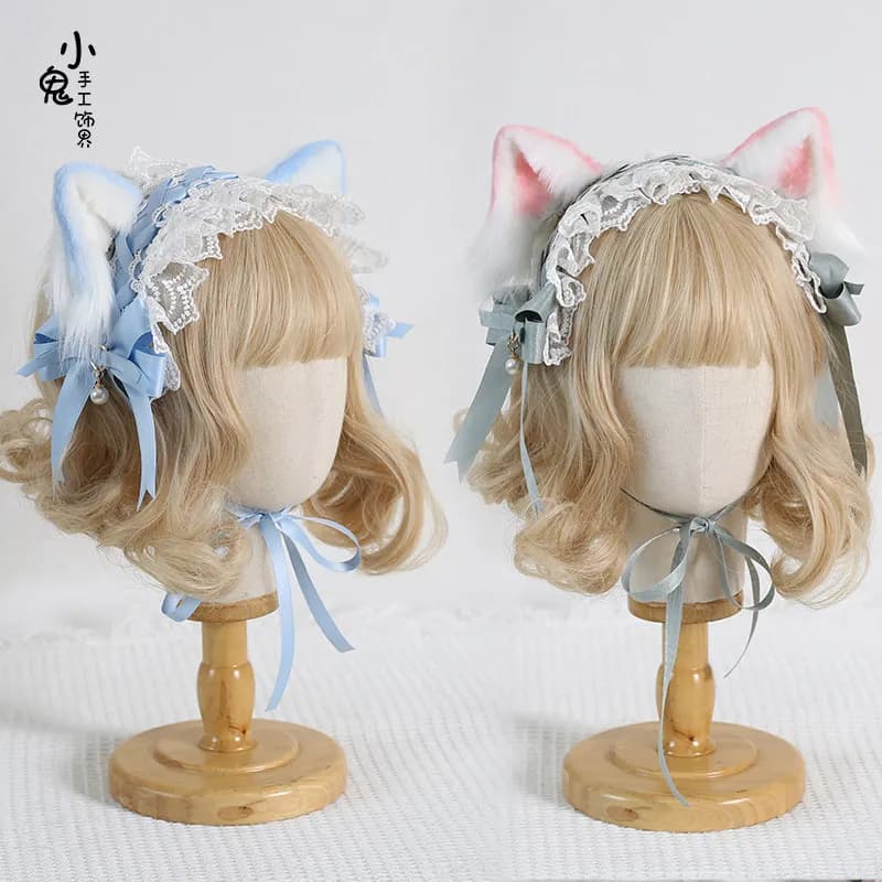 Fascia per capelli in pizzo con orecchie da gatto e fiocco, fascia per capelli KC Sweet Lolita per donna, copricapo con orecchie di animali stile bambola Kawaii