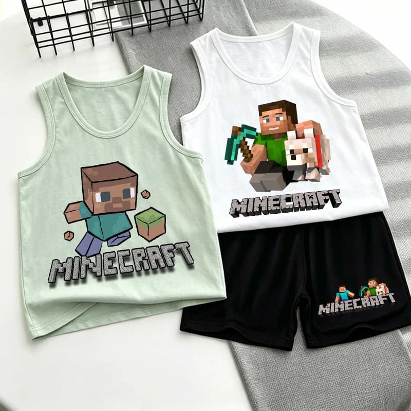 Set Gilet e Pantaloncini Minecraft per Bambini, T-shirt con Personaggi Anime, Abbigliamento Casual a Maniche Corte per Ragazzi