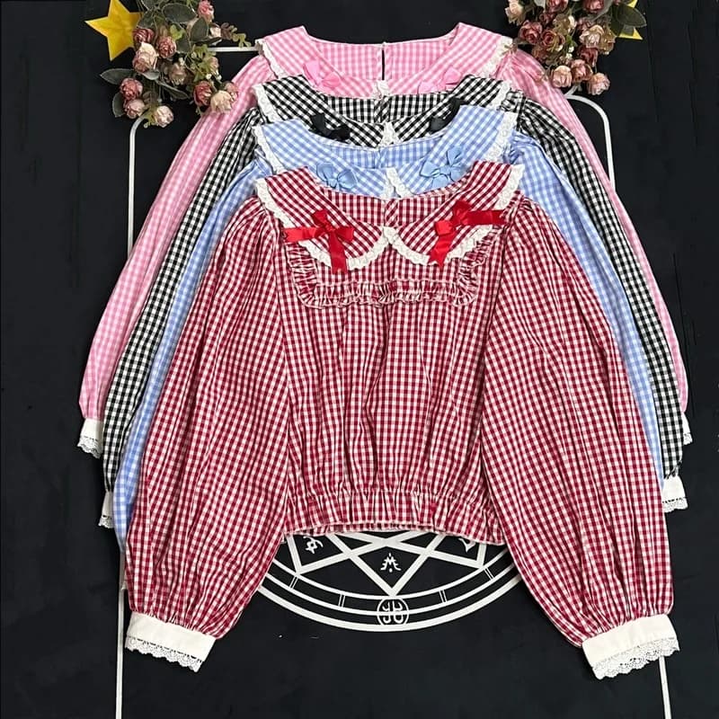 Camicette Lolita dolce stile Preppy Harajuku donna Kawaii fiocco pizzo gotico manica lunga Plaid camicie JK Girly Y2K carino Blusas Mujer