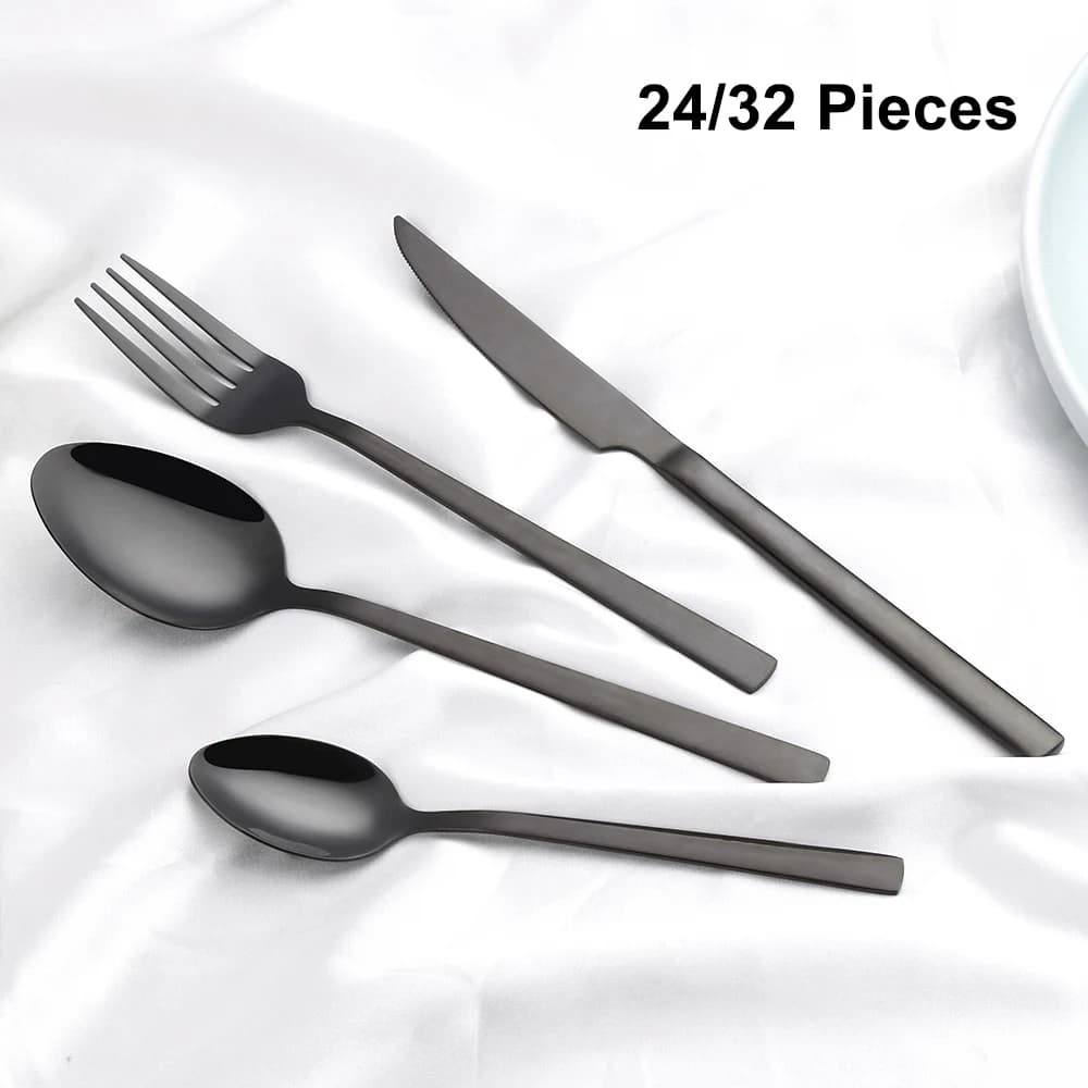 24/32 pezzi oro stoviglie coltello cucchiaio forchetta Set posate in acciaio inox nero stoviglie nastro utensili da cucina posate