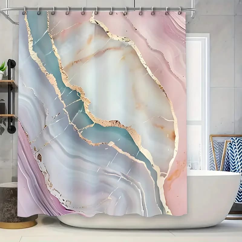 Tenda da doccia con motivo astratto in marmo per l'arredamento del bagno - Colori pastello morbidi con accenti dorati - Design impermeabile e durevole