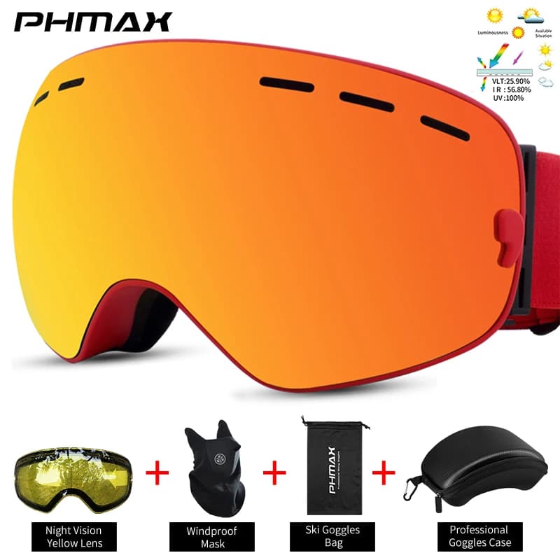PHMAX Occhiali da sci/snowboard per uomo donna, occhiali da neve OTG Protezione UV antiappannamento Lente rossa a doppio strato Ampia visione invernale