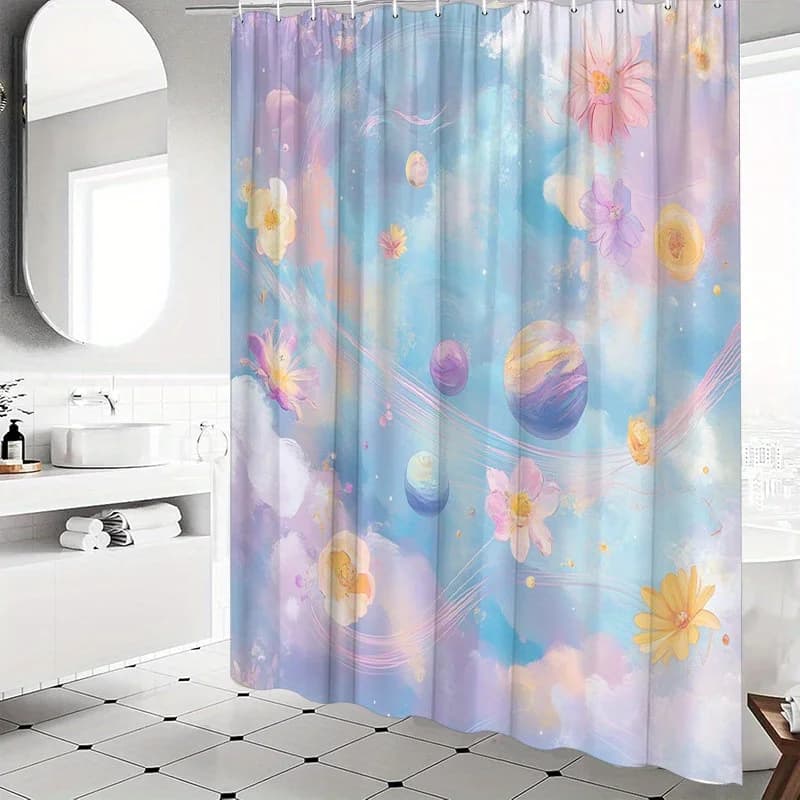 Tenda da doccia con cielo pastello - Fiori galleggianti e pianeti acquerello, 70,8 pollici, 12 ganci, poliestere lavabile, decorazione per vasca