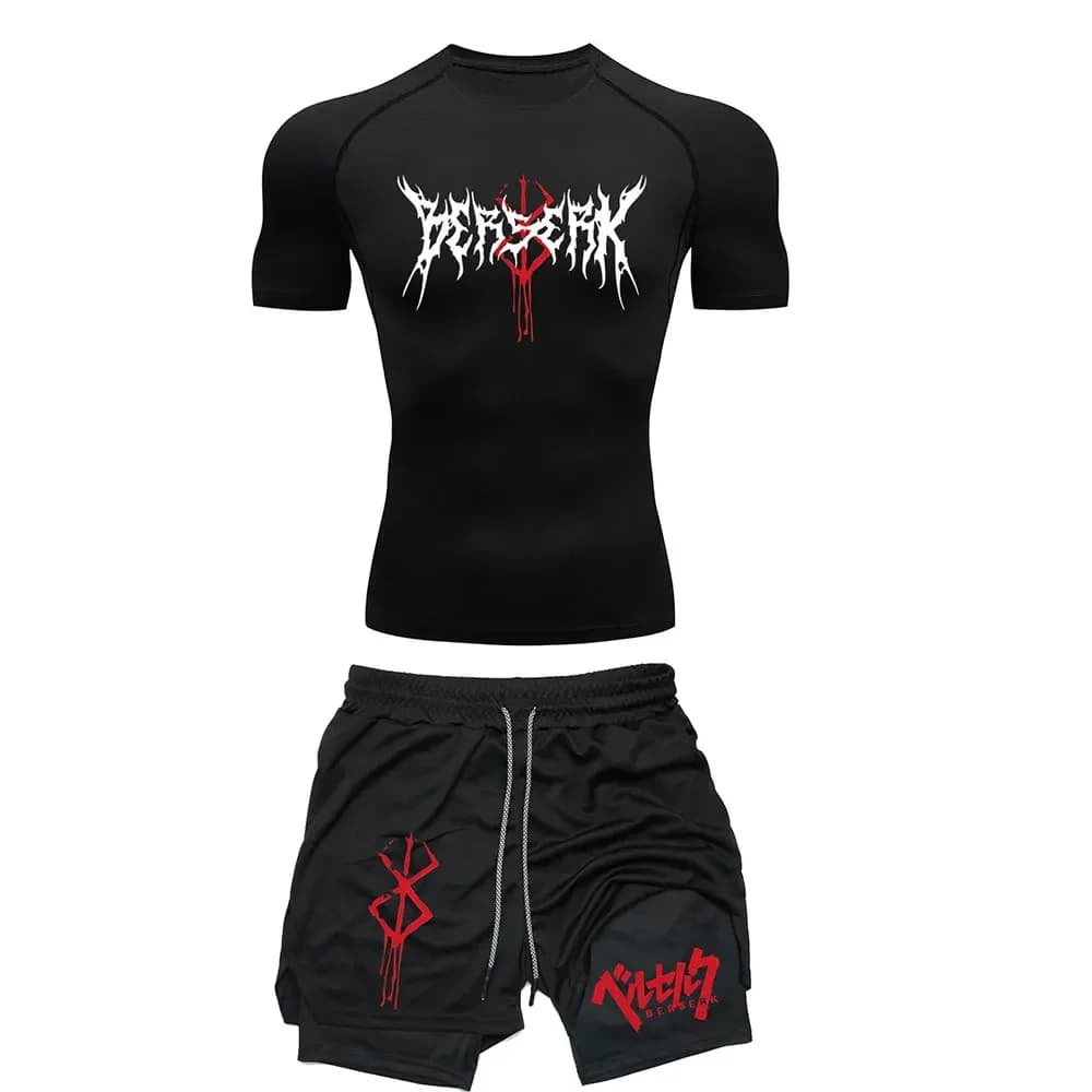 2026 Fashionable anime funny face print fitness loose breathable skin-friendly tight T-shirt double-layer drawstring shorts set