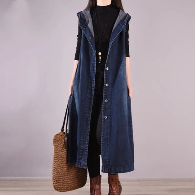 Gilet di jeans Cappotti Donna Cappotto lungo monopetto Casual Allentato con cappuccio Y2k Streetwear Giacche Maxi Autunno Inverno Giacca 2025