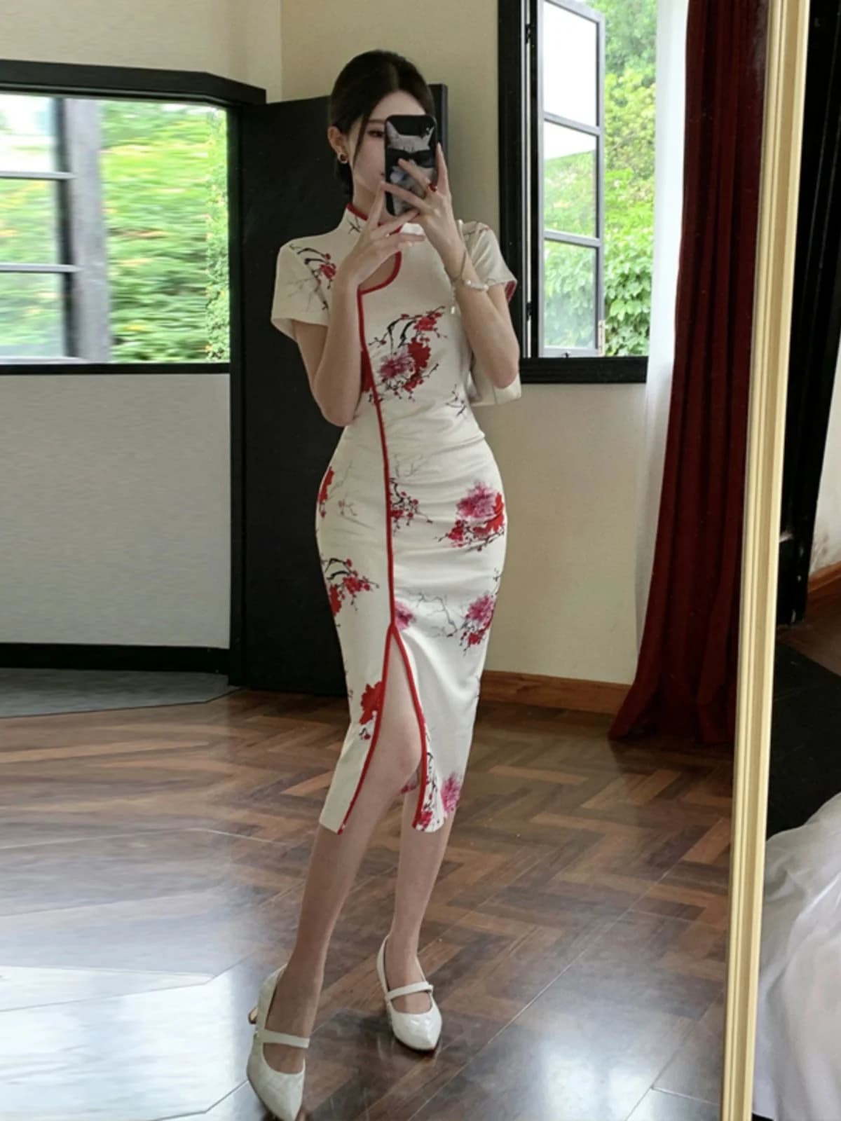 Elegant New Chinese Style Dress Bodycon Midi Waist Cinching Meat Concealing Qipao Dress for Daily Wear