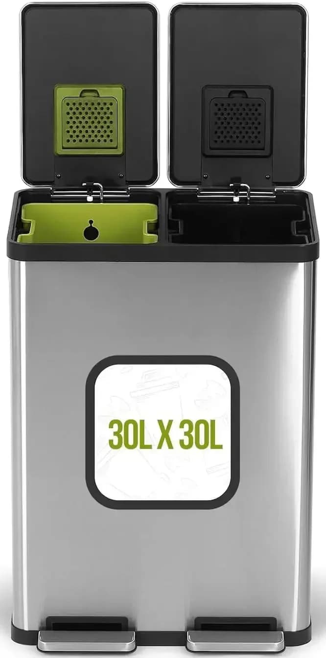 16 Gallon (60L) Dual Compartment Step Trash Can – Kitchen Garbage Can with Waste & Recycling Bins – Slow-Close Lid, Odor Control