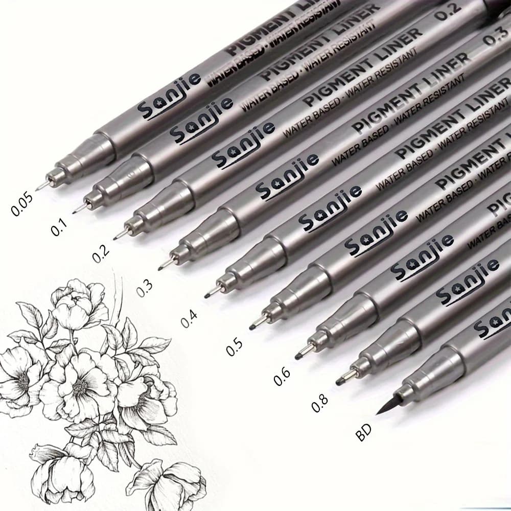 9-Piece Fine Line Waterproof Ink Pen Set, Various Tip Sizes, Ideal for Detailed Sketches, Journals, Outlines, Cartoon Animation