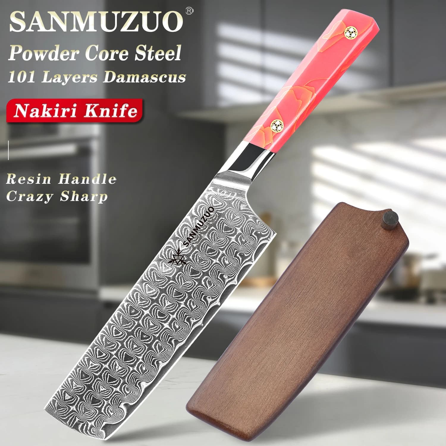 SANMUZUO Coltello Mannaia Nakiri da 7 Pollici -101 Strati di Damasco Polvere Nucleo in Acciaio Coltello da Cucina Ultra Affilato - Manico in Resina -Serie SHENG