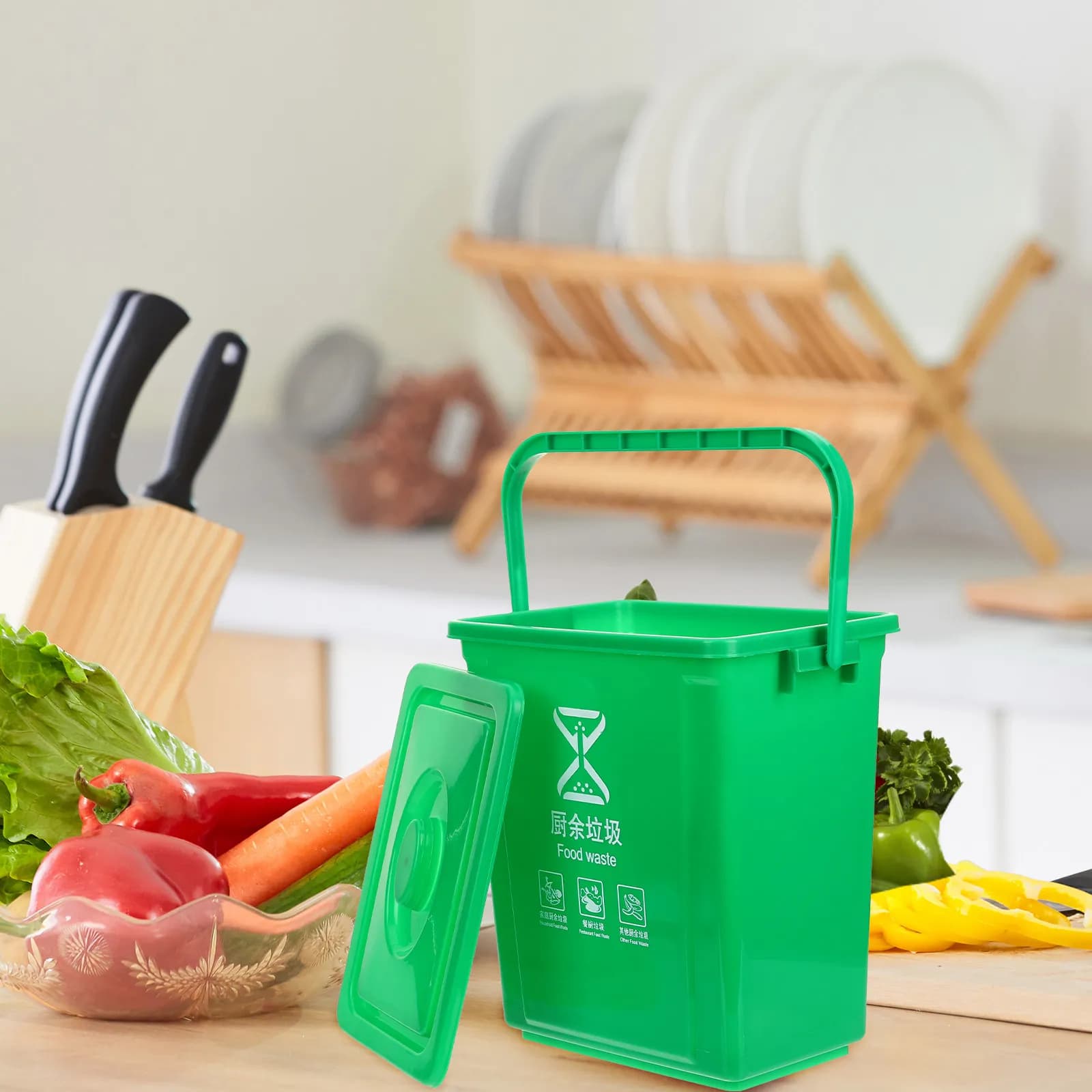 Cestino per rifiuti da 10 litri, verde, per compostaggio in cucina, contenitore quadrato per compostaggio, secchio per rifiuti alimentari, per uso domestico, in ufficio e sul piano di lavoro.