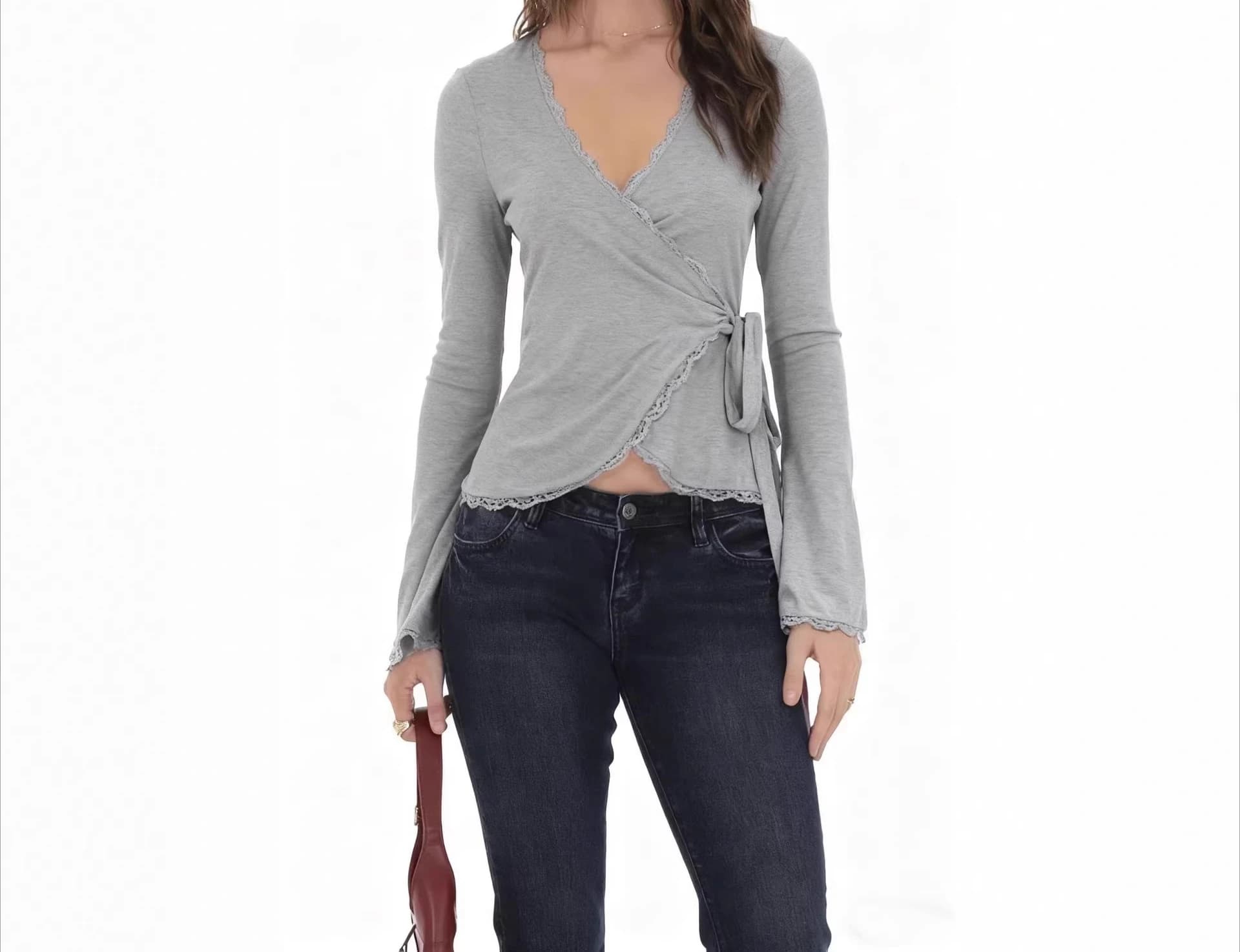 2026 Spring New Women's Solid Color Sexy V-neck Lace Strap Long Sleeve Slimming T-shirt