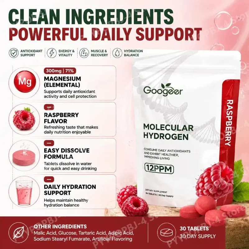 Magnesium Tablets Raspberry Flavored Water-Dissolving for Antioxidant Support 12PPM H2 300mg Elemental Magnesium 30 Tablets
