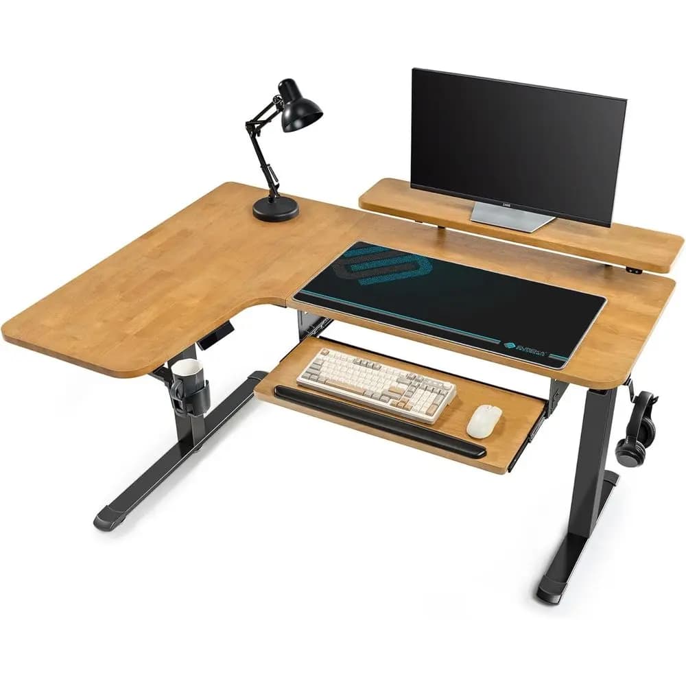 61 Electric L-Shaped Desk with LED Monitor Stand, Dual Motor, Solid Wood, Oak Finish