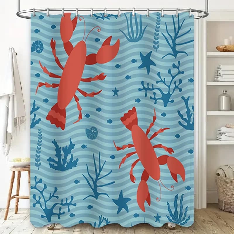 Tenda da doccia con aragosta per vita subacquea, pesci rossi blu, decorazione marina per bagno, tessuto impermeabile