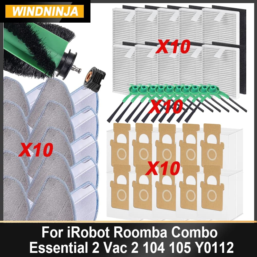 For iRobot Roomba Combo Essential 2 Vac 2 104 105 Y0112 Main Side Brush Dust Bag HEPA Filter Mop Cloth Replacement Parts Kit