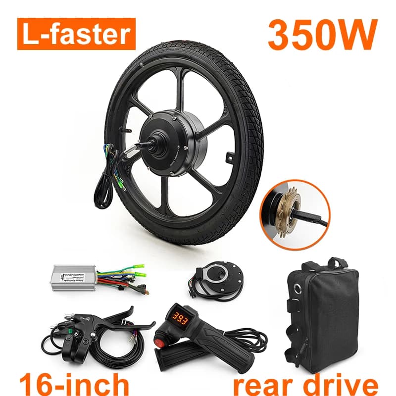 Kit ruota motore mozzo DC con ingranaggio brushless per bicicletta elettrica da 16 pollici nero fai-da-te con controller dell'acceleratore