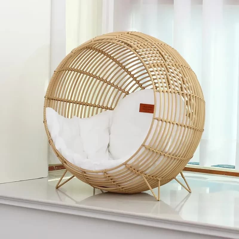 Imitation Rattan Pet Bed All Season Cat House with Removable Washable Cushion Semi Enclosed Dog Bed Breathable Villa for