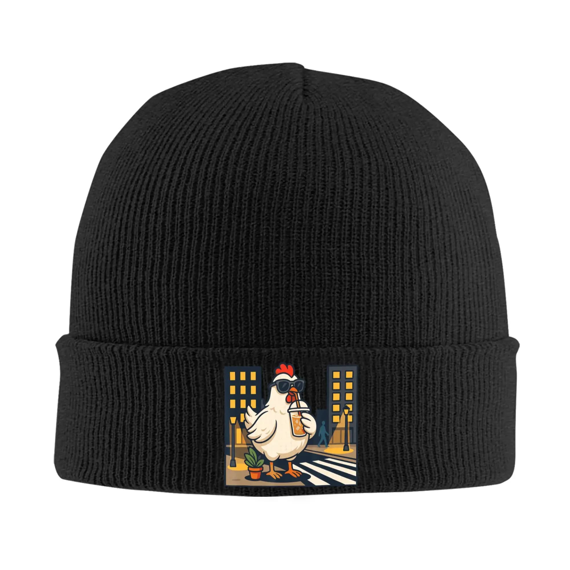 I Love iced Coffee and This Cool Hen in the Night City Knit Hat Casual Caps Men Women Beanie Hats Winter Elastic Bonnet Hats