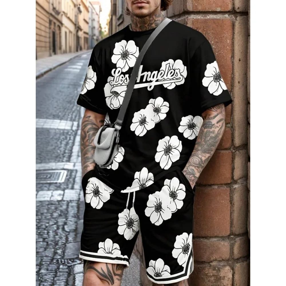 Men's Trendy Two-piece Set: T-shirt and Shorts, Featuring Letter and Floral Prints, with 3D Print Design