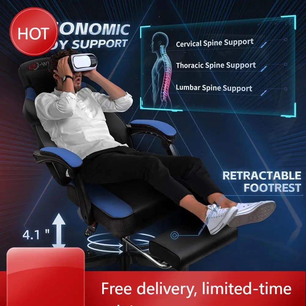 PopularPopularErgonomic High-Back Gaming Chair with Lumbar Massage, 360° Swivel, Height Adjustable, Blue for Big and Tall Gamers