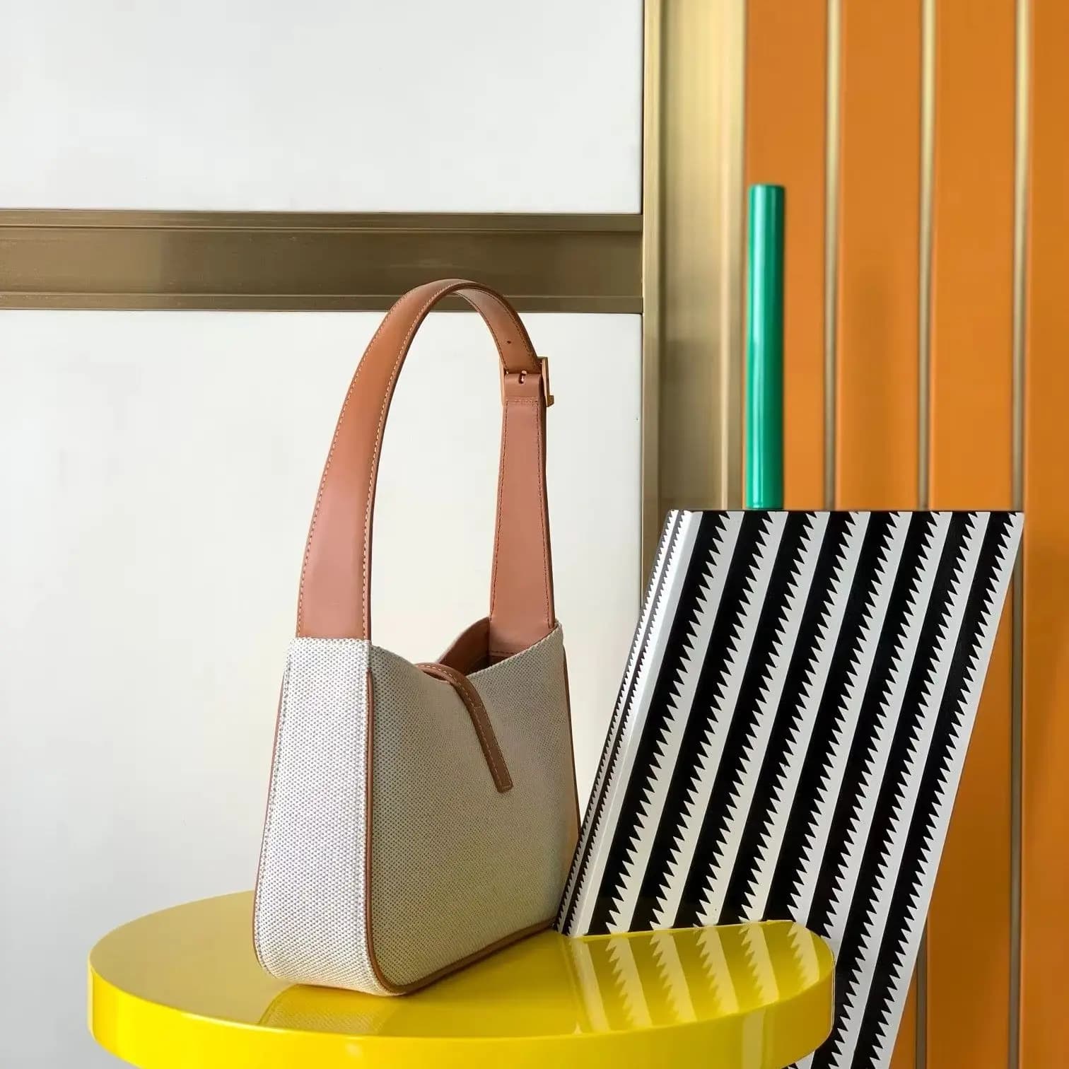 Off White Canvas & Tan Leather Curved Crescent Hobo Bag, Adjustable Thin Leather Shoulder Strap, Luxury Designer Inspired Minimalist Spring Daily Handbag