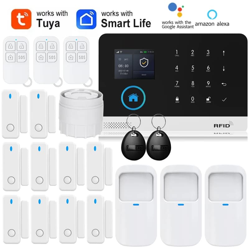 Kit Sistema di Sicurezza e Protezione Domestica 2G GSM WiFi Alexa Tuya Smart Life con Sensore di Movimento Magnetico per Porte, Immunità agli Animali Domestici