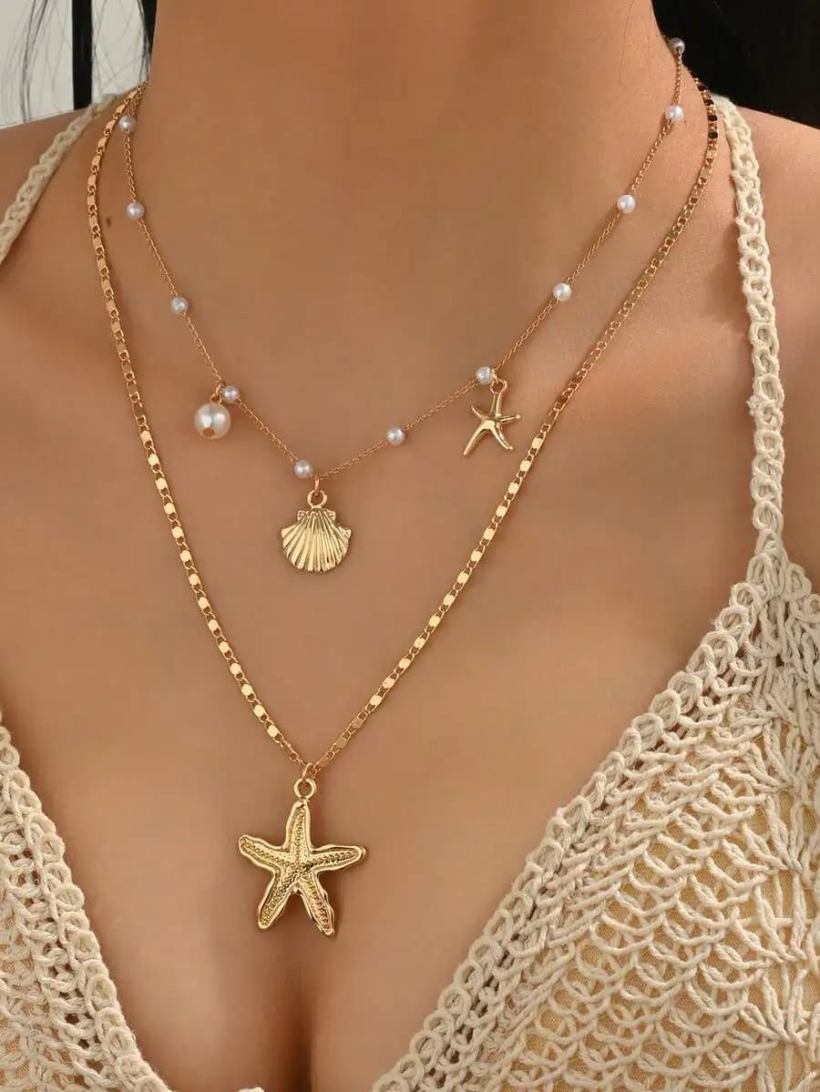 2pcs/Set Summer Fresh Faux Pearl Necklace, Fashion Trending Ocean Life Multi-Pendant Jewelry Set For Women, Suitable For Daily W