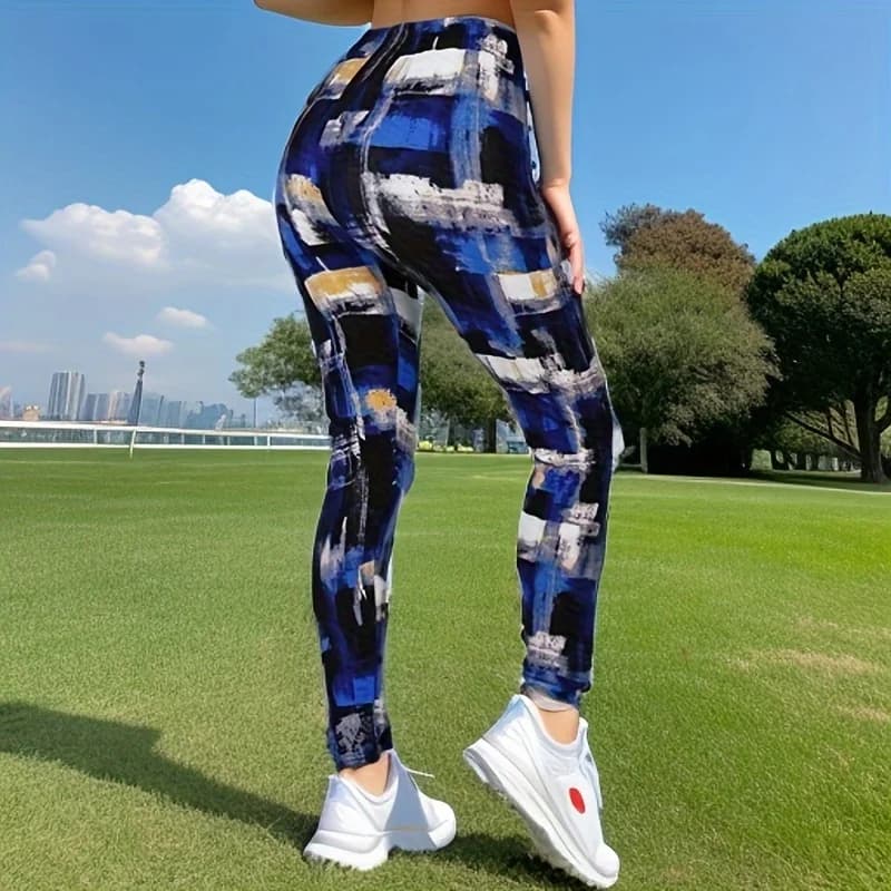 PD25 Leggings sportivi casual stampati a nove punti alla moda da DONNA Splash Ink blu e bianco