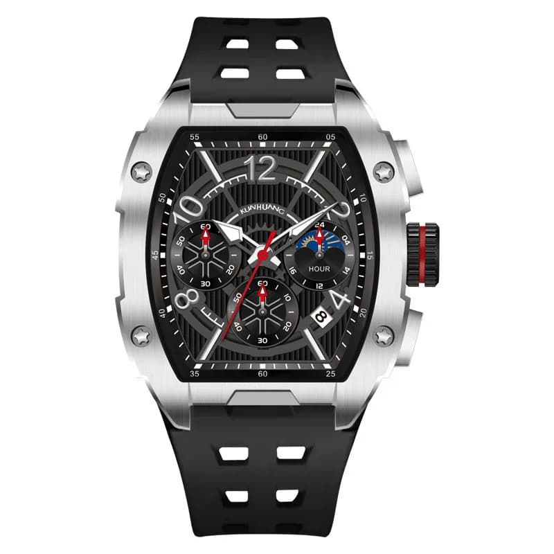 Orologio da Uomo Impermeabile al Quarzo con Funzioni Multiple, Cinturino in Gomma Resistente, Design Trendy a Forma di Botte