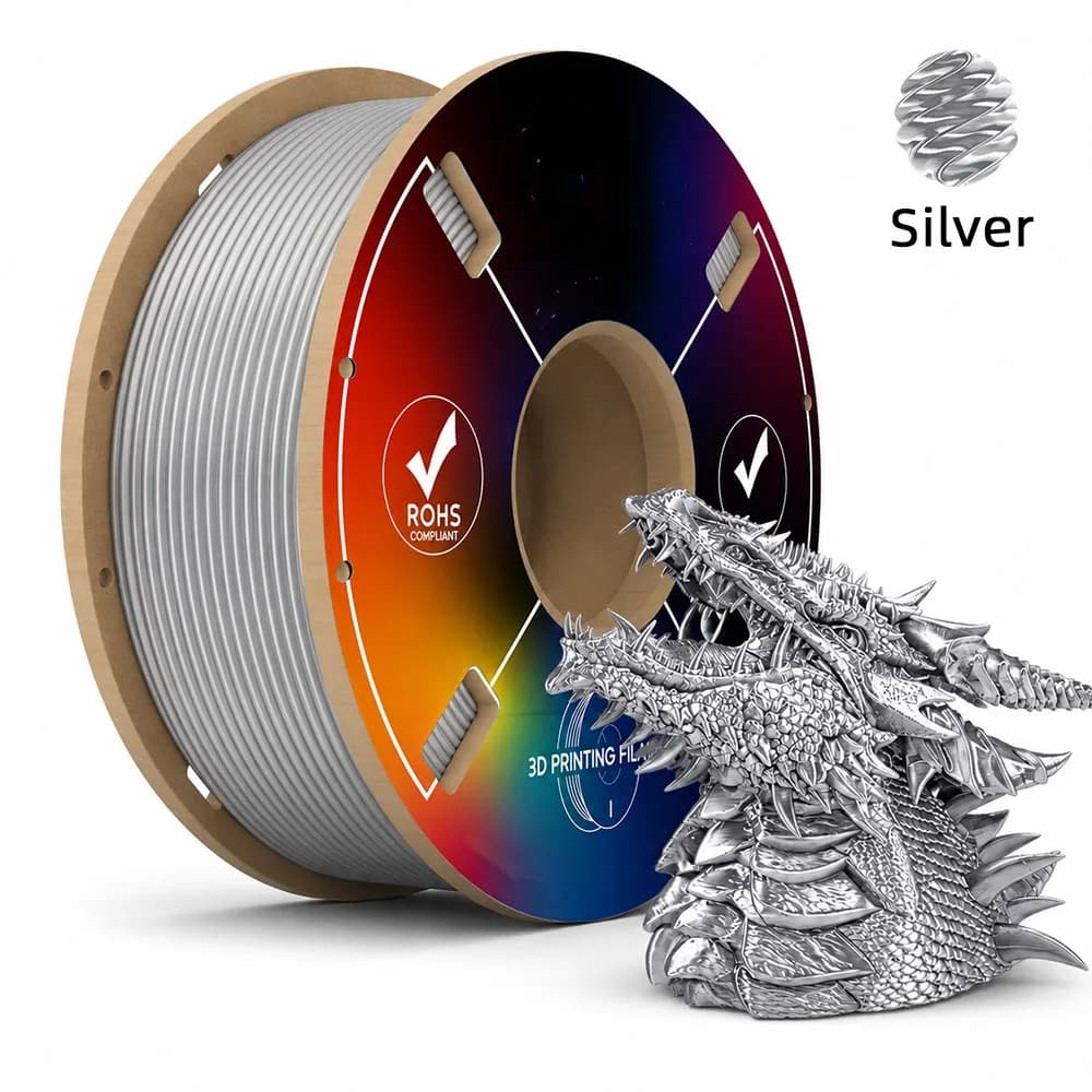 Silk PLA 3D Printer Filament 1.75mm Premium Silver Shiny Finish Single Color Glossy Smooth Surface 200g Spool for FDM 3D Printer