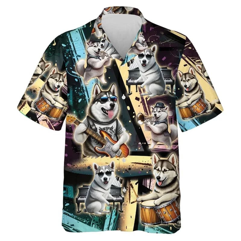 Camicie da spiaggia con motivo musicale per cani con stampa 3D Manica corta Divertente grafica per cani da compagnia Bottone singolo per uomo Camicetta con risvolto Top