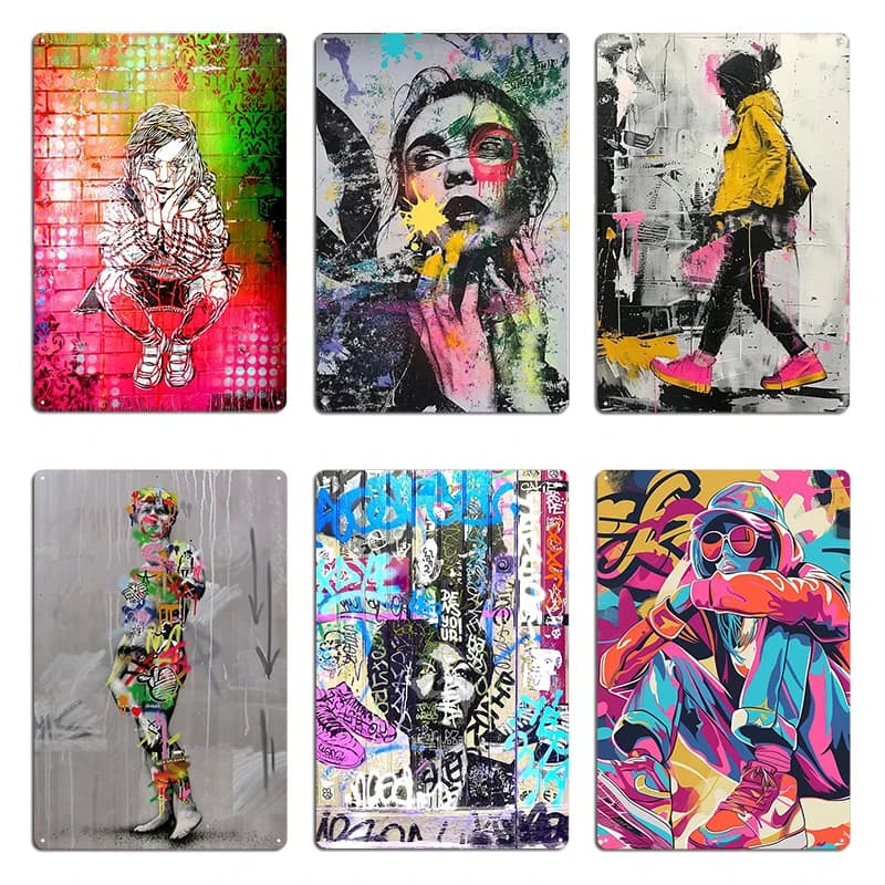 Banksy Stencil Style Urban Graffiti Girl Sneaker Scarpe Targhe in metallo metallizzato Designer Decorazione da parete Garage Garage Targa in metallo Poster