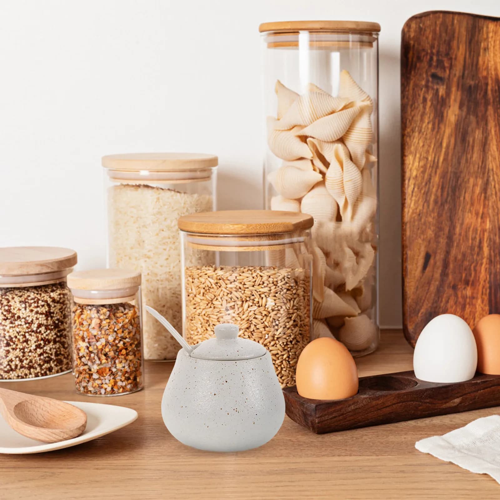 Set di 1 Barattolo per Spezie in Ceramica, Design Giapponese, Contenitore per Condimenti con Cucchiaio, Mantiene la Freschezza, Resistente alle Alte Temperature