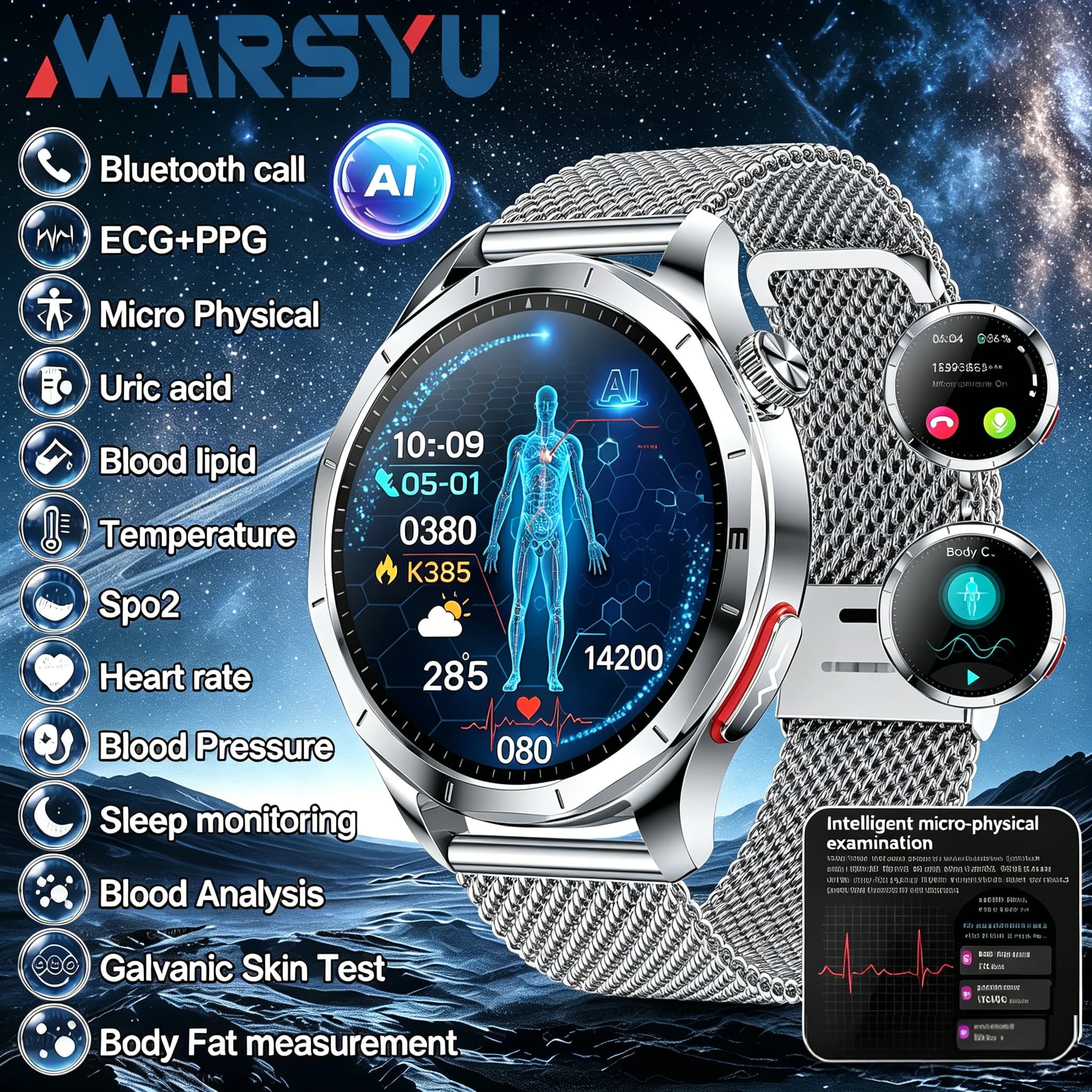 Smartwatch Marsyu AI-GPT per la salute con monitoraggio di grasso corporeo, acido urico, ECG+PPG, pressione sanguigna, chiamate HD e funzioni sportive per uomo e donna
