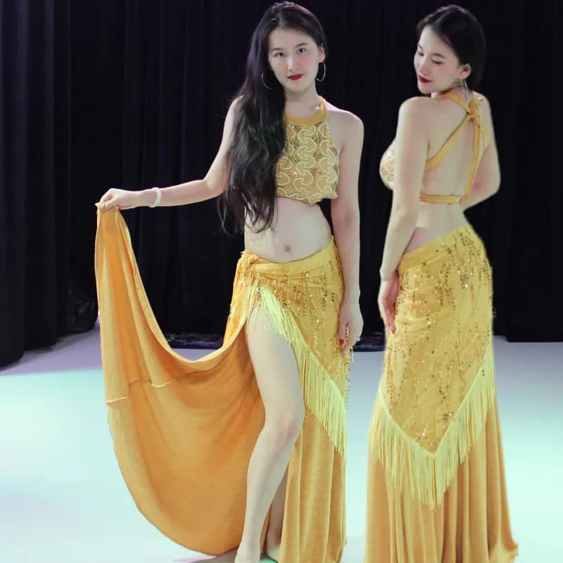 Costumi di danza del ventre personalizzati Abito da spettacolo con sciarpa per fianchi grandi in cotone sul petto Set grande Bareback per danza orientale