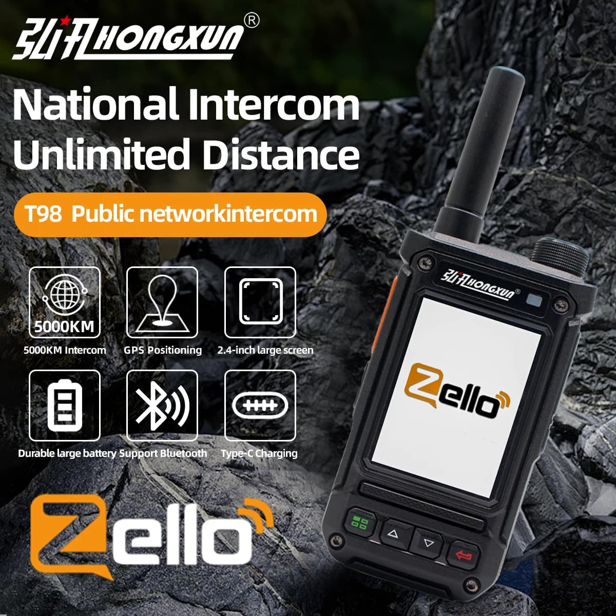 Nuovo Zello Mini 4G POC T98 Walkie Talkie con schermo HD GPS per Bluetooth WiFi a lungo raggio per uso amatoriale Android Car per radio