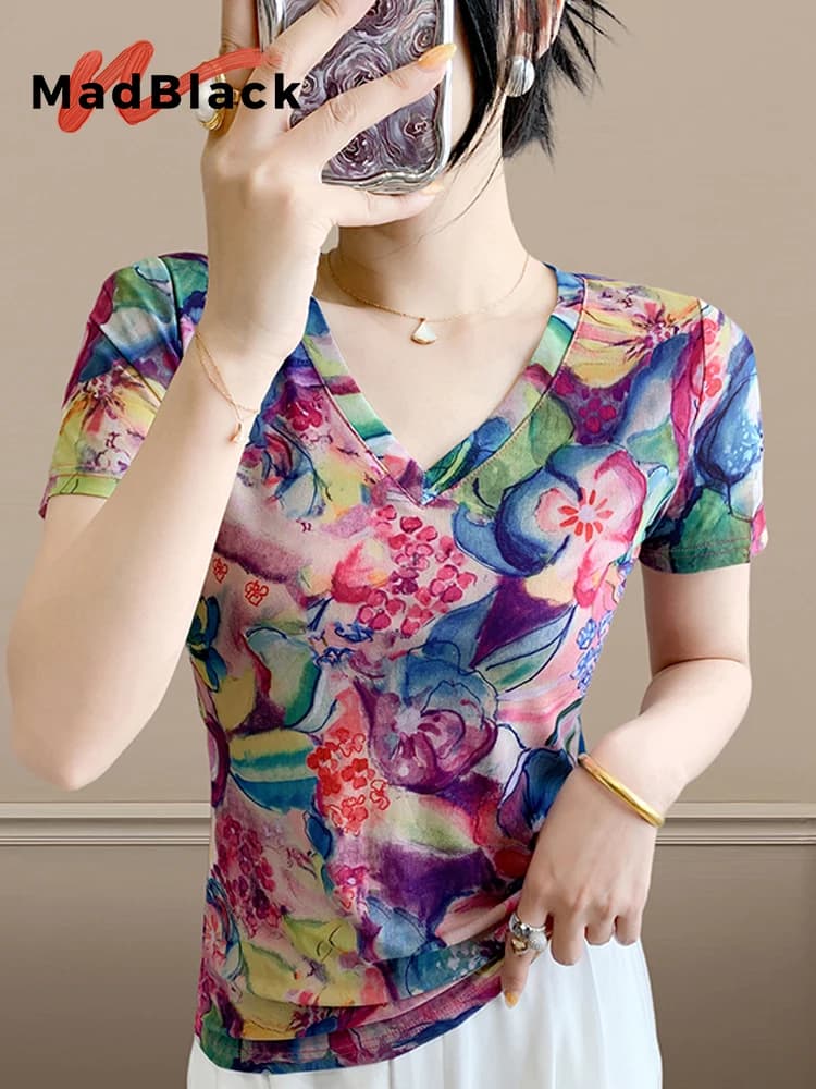 MadBlack-T-shirt europea da donna, stampa floreale sexy con scollo a V, maglietta in rete slim S-3XL a maniche corte streetwear, estate 2025 T54927CC