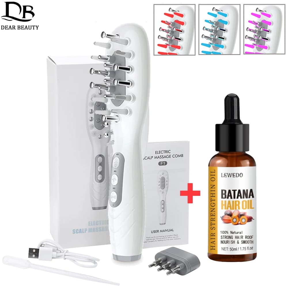 Pettine elettrico per massaggio del cuoio capelluto + applicatore liquido per olio di Batana anti-perdita di capelli Terapia della luce a LED Spazzola per massaggiatore per testa a vibrazione EMS