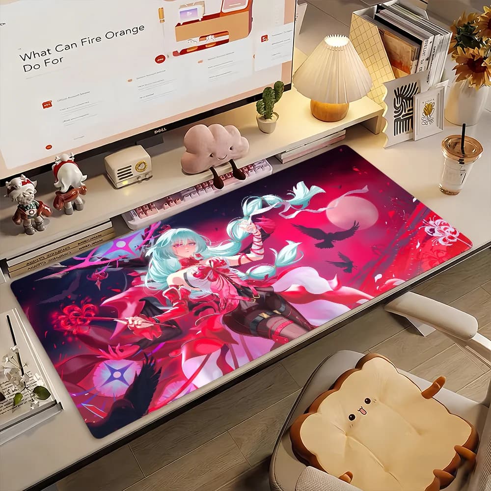Tappetino per mouse da gaming, grande tappetino da scrivania, antiscivolo, bordi cuciti, ragazza anime rossa e ciano con stampa corvo, tappetino per tastiera per gamer, casa e ufficio