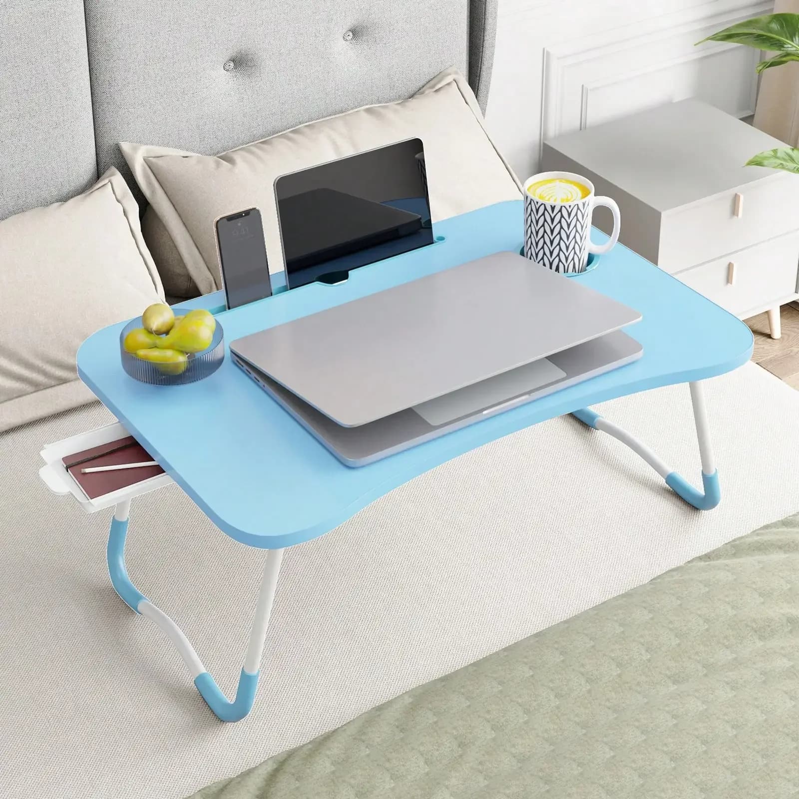 Tavolino da letto per laptop, scrivania pieghevole con portabicchieri, supporto portatile per laptop da letto, vassoio da letto con cassetto