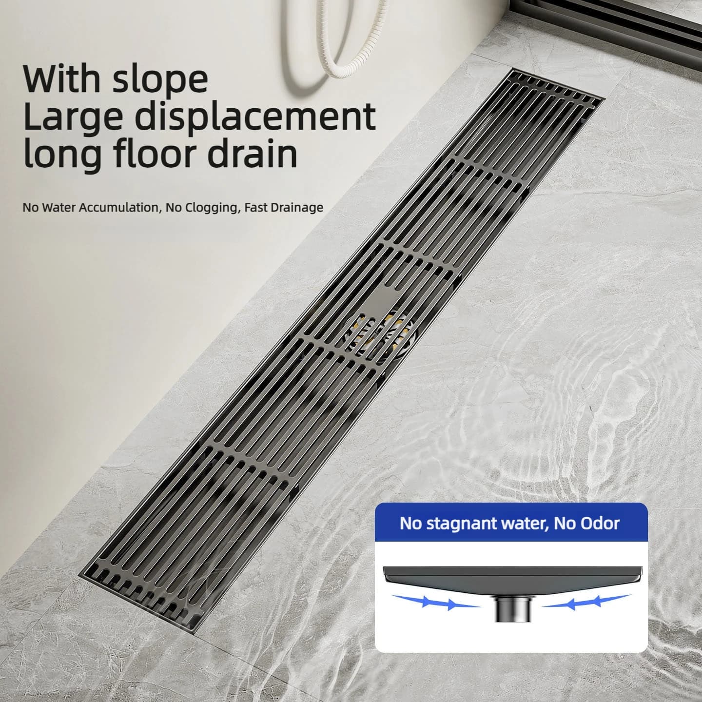 Long Strip Floor Drain With Slope Stainless Steel 304 Gun Gray Large Displacement Toilet Drain Deodorant And Insect-proof