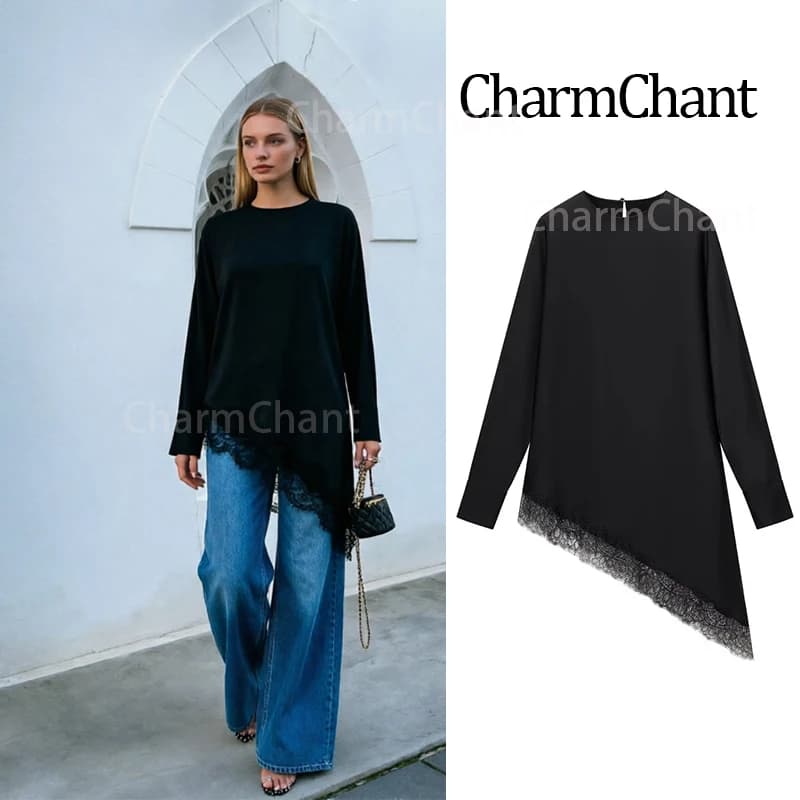 CharmChant Camicia a maniche lunghe in pizzo asimmetrico in raso nero per donna Y2k Harajuku Moda elegante camicia senza maniche camicetta femminile