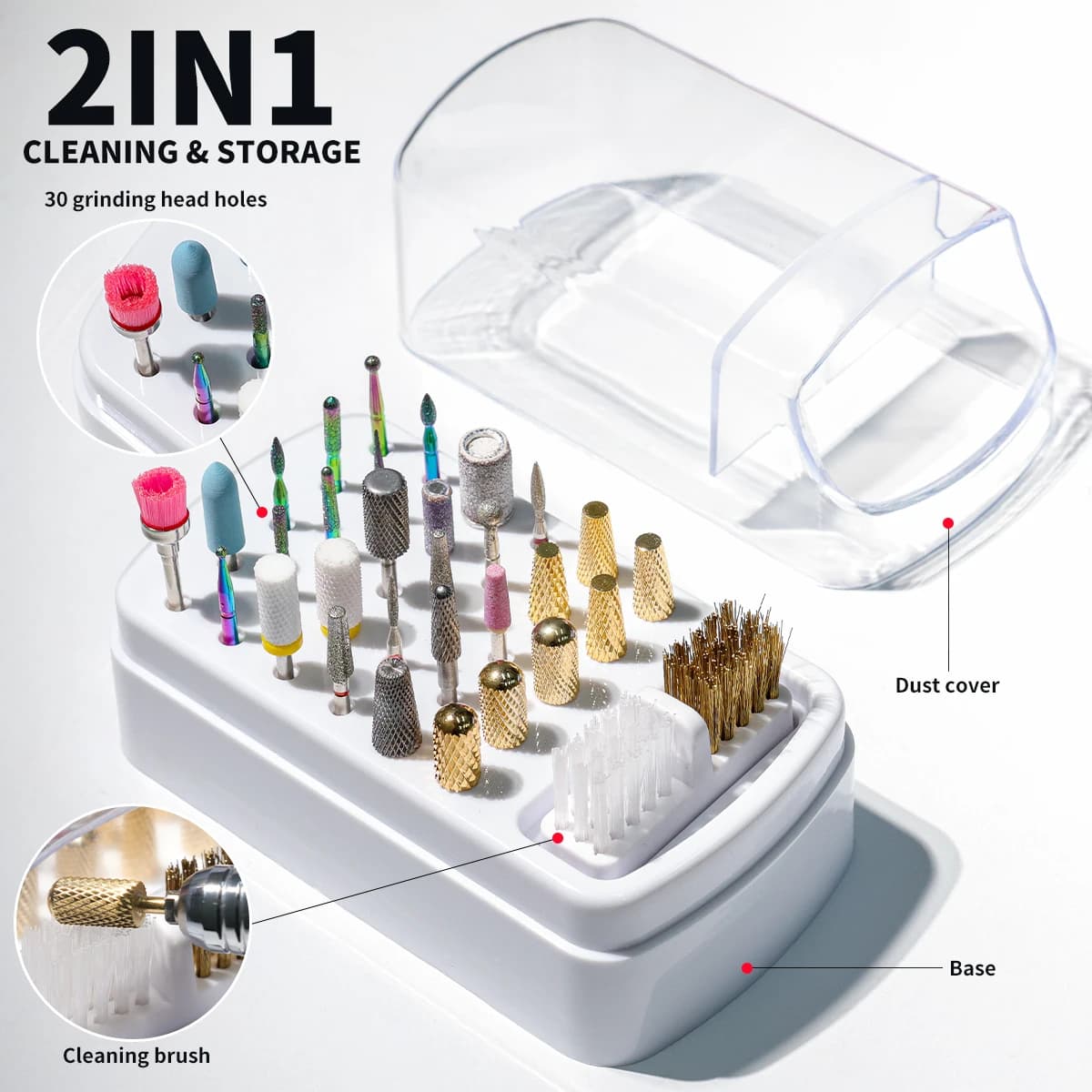 2in1 Nail Drill Tips Storage Box 30 Holes Drill Storage Box for Nail Art Repentizing Head Polish Bit Holder Display Organizer Dust