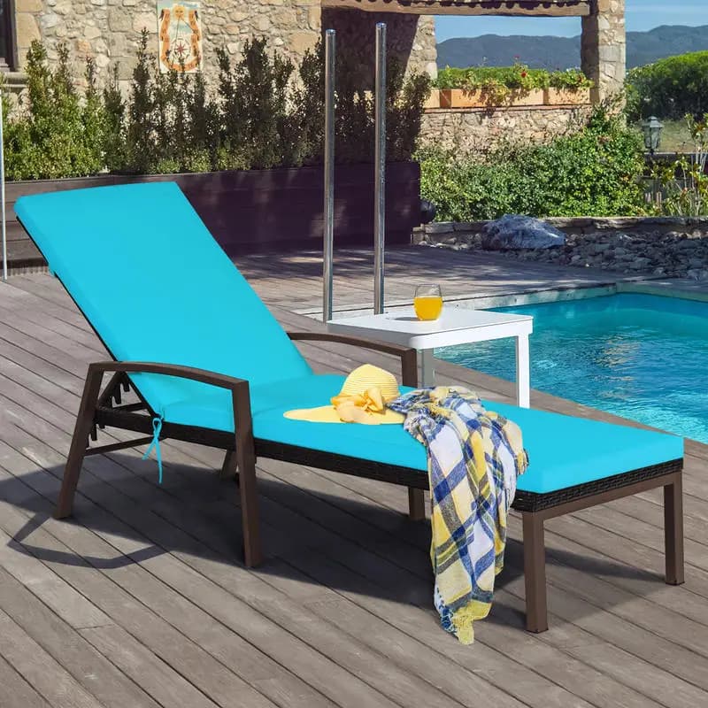 2 sedie a sdraio reclinabili in rattan da patio con cuscino e braccioli, colore turchese e bianco