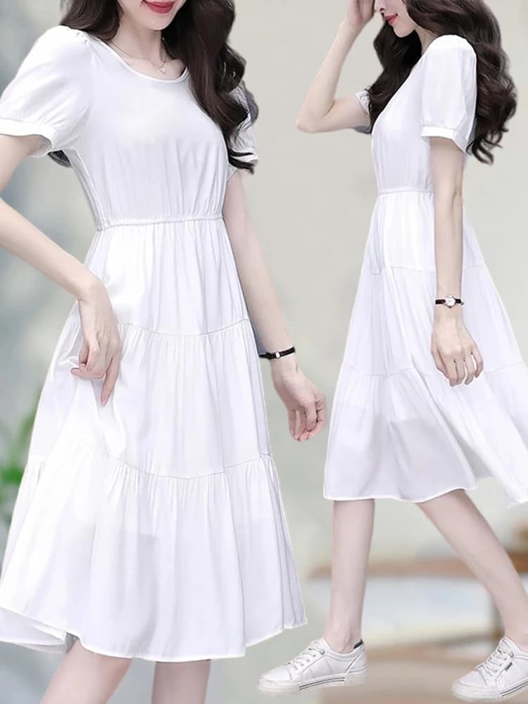 Elegant Summer Casual Black Slimming Long Dress Women's Short Sleeve A-Line Skirt U-Neckline Thick Fabric Floor-Length Dress