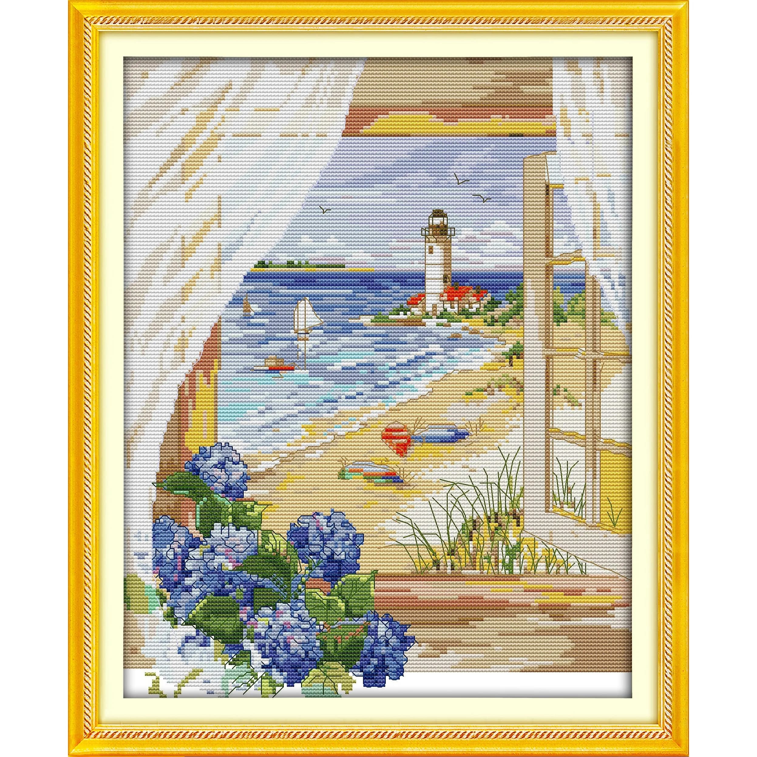 News Pre-Printed Cross Stitch Kit, Stamped Aida Fabric With DMC Threads, Embroidery Kit - Sea View Outside The Window